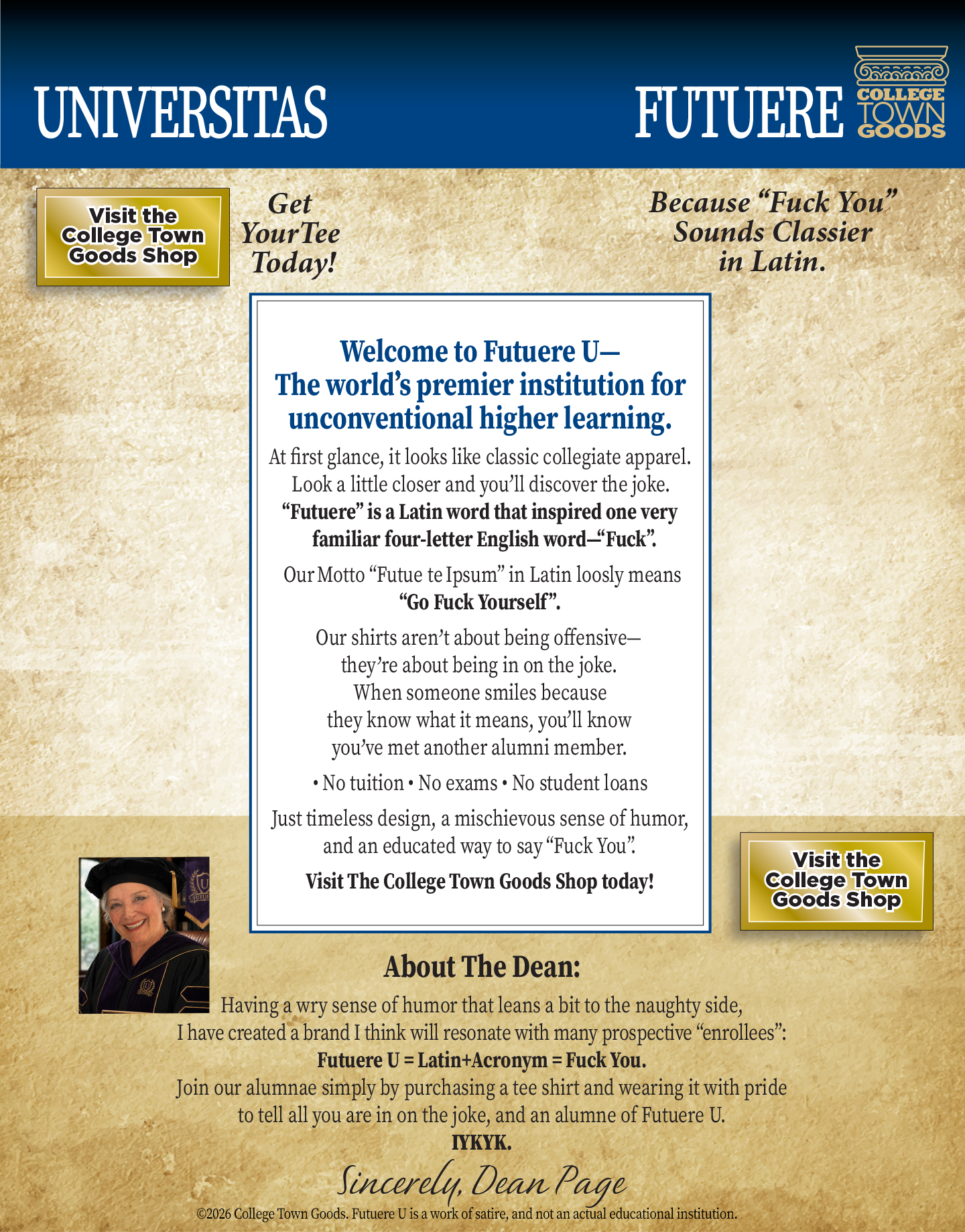Futuere U landing page for College Town Goods