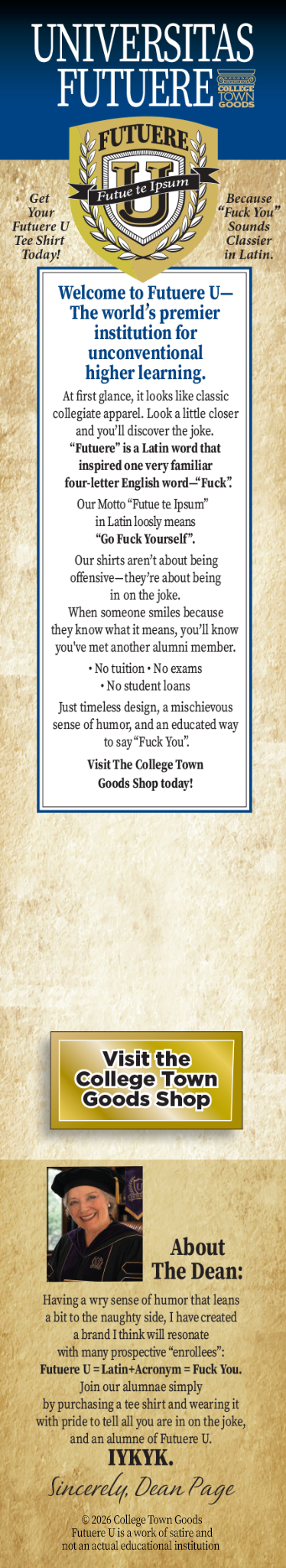 Futuere U landing page for College Town Goods